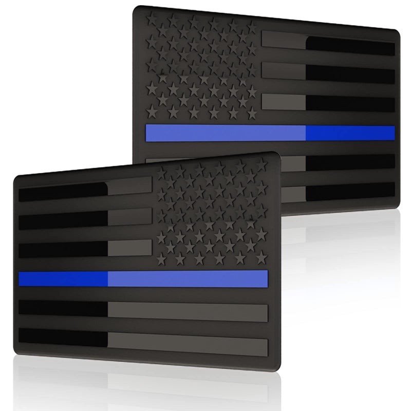 sticro Embossed 3D Metal Thin Blue Line All Black American Flag Emblem Decal Stickers (1 Pair)  Matte Black 5 "" x 3 "" Patriotic USA US Flag Decals for Car  Truck  Motorcycle Honoring Police Law Enforcement - Image 1